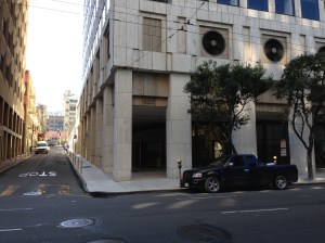 655 Montgomery street today, at corner of Merchant, where Victor Leroy's shop would have been located in 1849. Note Portsmouth square through the alley.