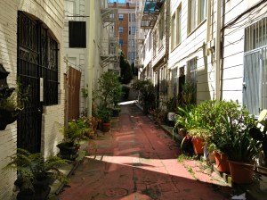 From the east end of Fella Place, looking west to Powell Street.