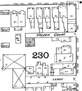The shaded square is the Golden's house, cropped from an 1886 Sanborn Insurance Map.