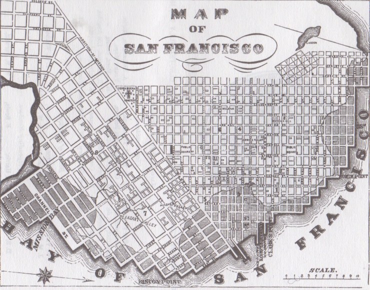 Post-gold rush San Francisco circa 1854: note Pleasant Valley at bottom left, west of Rincon Point, around Harrison and 2nd streets.